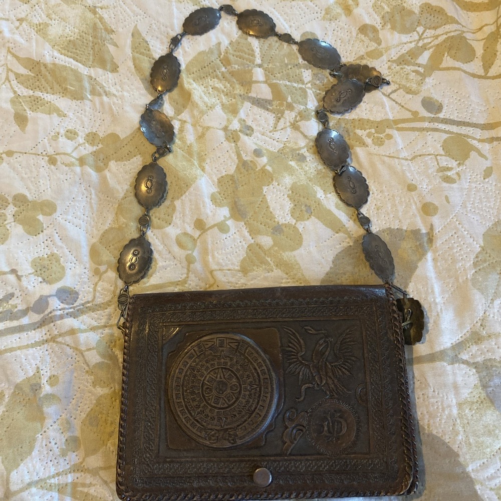 Vintage Tooled Leather  Purse Western Design With Silver Color Concho Strap